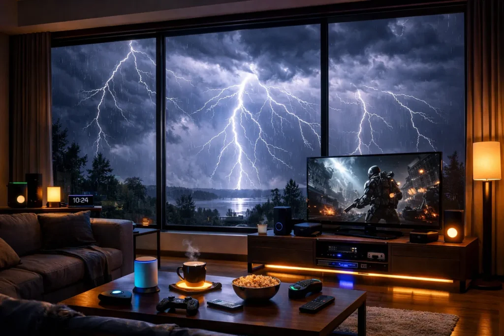 Thunderstorm with lightnings outside living room